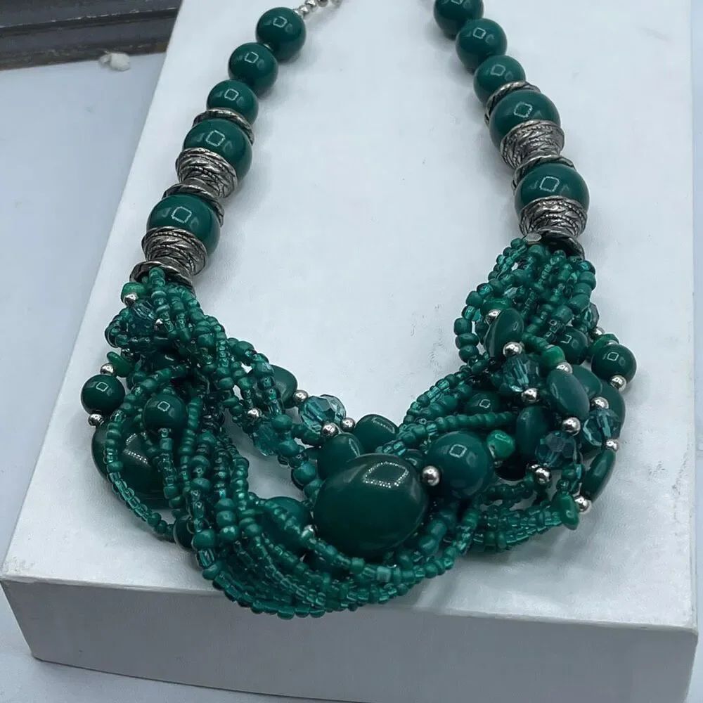 Vintage boho festival green silver multi layer necklace.